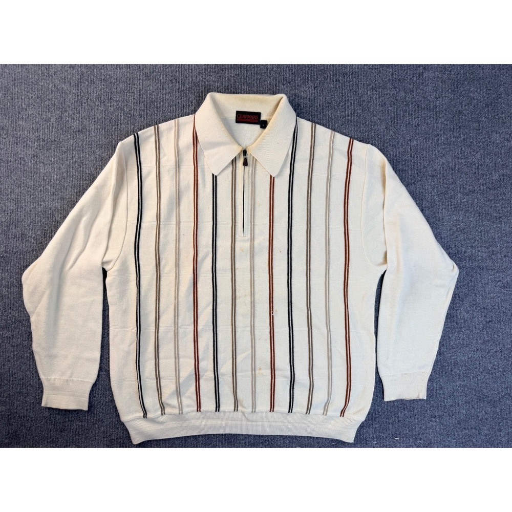 Chapmans Men Large Cream Striped Quarter Zip Pullover Sweater Knit Long Sleeve L